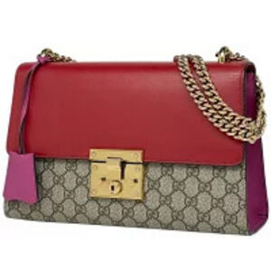 Gucci GG Chain Shoulder Bag Padlock Canvas Beige Red Pink
